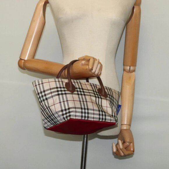 BURBERRY Nova Check Blue Label Tote Bag Nylon Beige Silver Auth - Picture 1 of 16